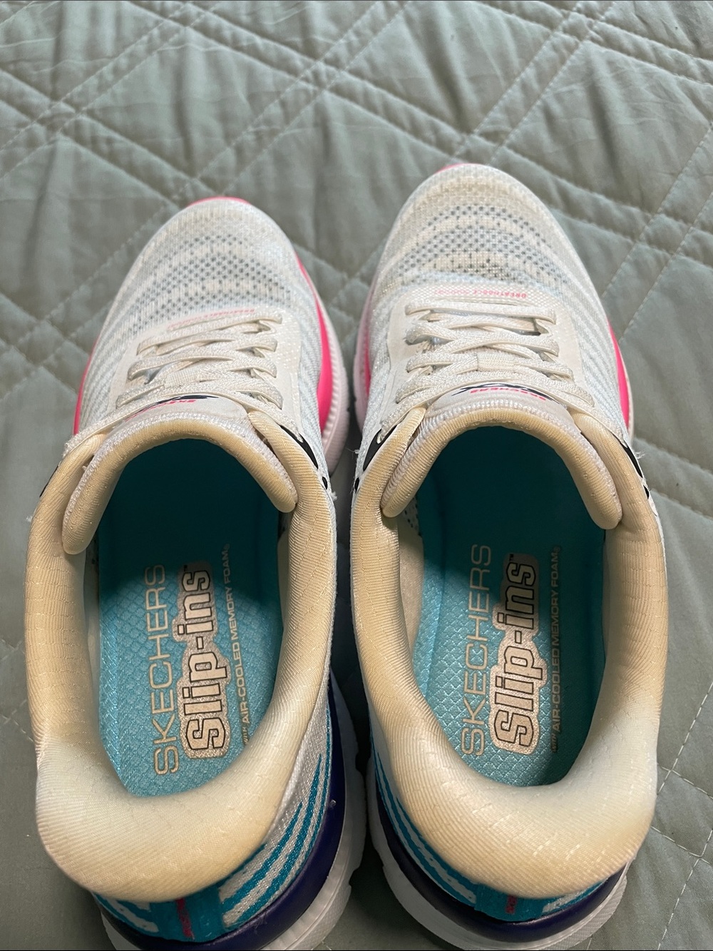 Skechers White Athletic Shoes with Pink Trim and Blue Accent - Picture 4 of 5